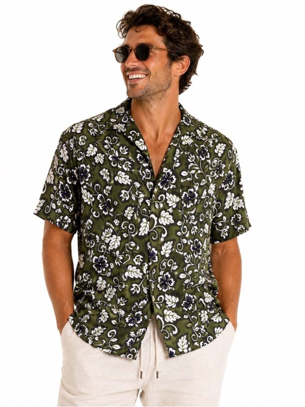 Sunset Highway Size Large 100% Cotton Green Floral Short Sleeve Hawaiian…